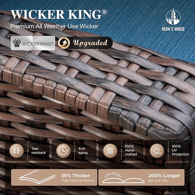 Luxury Patio Furniture Set with 5.5" Thick Cushion, Outdoor Seating Furniture, High Back Swivel Chairs with Tempered Glass Table, Wicker Conversation Sofa Set for Deck Lawn Deck Yard, Blue