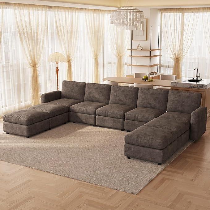 9-Seat Modular Sectional Sofa Couch with 4 Storage Ottomans, Convertible Sleeper Sofas Set for Living Room Bedroom Apartment, Recliner Velvet Comfy Furniture Couch, Brown