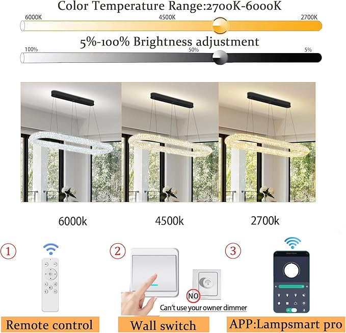 Oval Crystal Chandelier, 47.2'' Black Crystal Ring Pendant Light for Kitchen Island Modern Linear Oval Chandeliers for Dining Room Dimmable 3000K-6000K