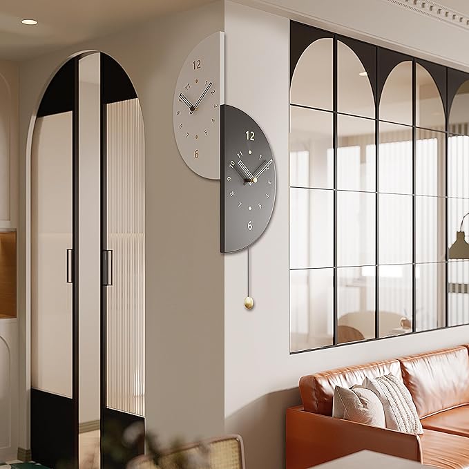 Wall Clock 17.7 Inch Double Sided - Modern Battery Operated with Pendulum, Unique Angle Corner Mounted Decorative Clock for Bedroom Living Room Office