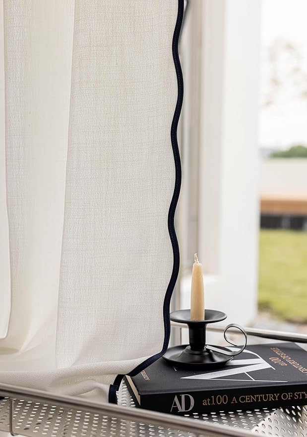 Linen Blend Scalloped/Wavy Trim, Ripple Fold Curtains for Living Room, Bedroom, Home Office, Kids Room & Dining - Light Filtering Curtains - Set of 2 - Navy, (50" W x 96" L)