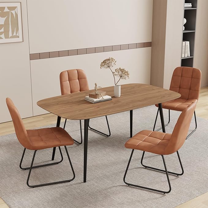 55.1'' Dining Table Set for 4,Modern Wood Dining Table,Leather Dining Chairs 4,Table and Chairs Set of 4,Ideal for Kitchen Dining Room (Walnut Color Table + 4 U-Shaped Brown Chairs, 55.1")