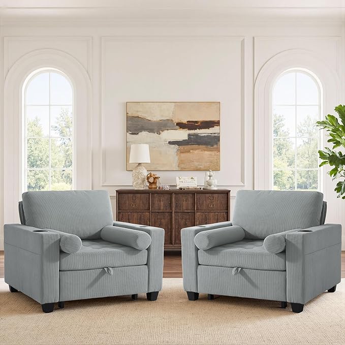 UIXE 3-in-1 Sleeper Sofa Chairs Set of 2, Pull Out Sofa Bed Convertible Reclining Seat Upholstered Armchair, Adjustable Backrest Recliner Chair with Side Pockets, Cup Holder & USB Ports - Gray