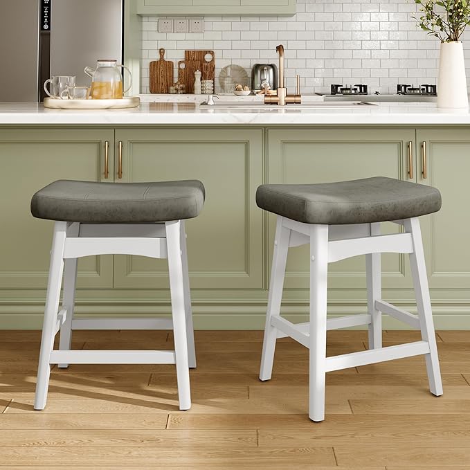 MAISON ARTS White Counter Height Bar Stools Set of 2 for Kitchen Counter Solid Wood Legs with Faux Leather Saddle Seat Farmhouse Barstools for 34"-38" Counter Island Upholstered Stools, 24in Height