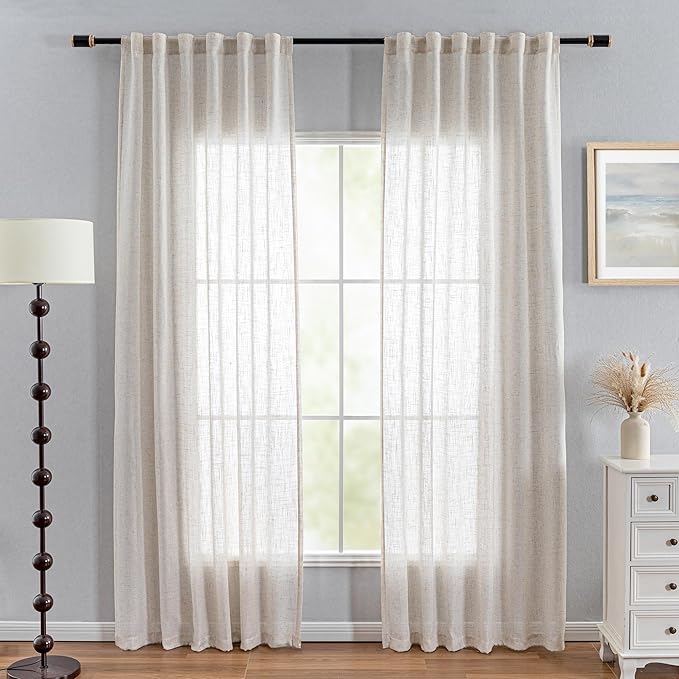 MYSKY HOME Linen Curtains for Living Room, Natural Semi Sheer Curtains & Drapes 80 inches Length 2 Panels Set Farmhouse Country Boho Style Back Tab Draperies for Sliding Glass Door, 50" Wide, Linen