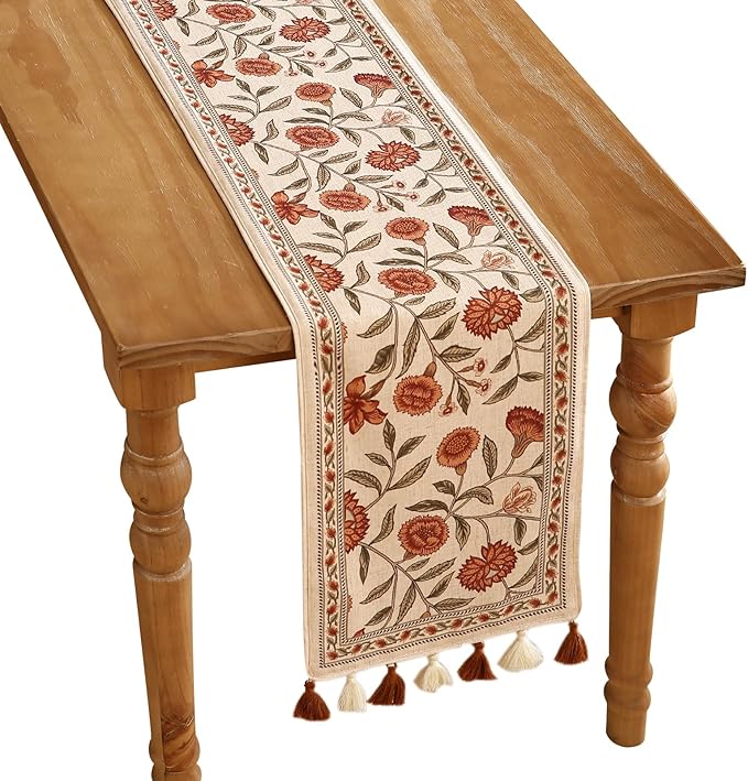 Designer Elegant Linen Table Runner 71 Inches Long,Vintage Orange Floral Pattern Table Runners for Dining Tables,Kitchen Decor,Thanksgiving,Christmas,Banquet,12"*71"-Alvarado A