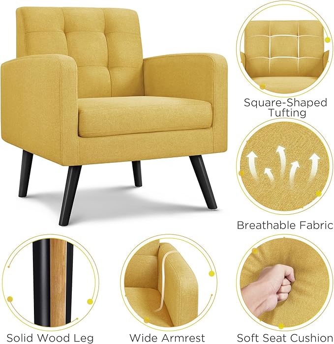 Yaheetech Mid-Century Accent Chairs, Modern Upholstered Living Room Chair, Cozy Armchair Button Tufted Back and Wood Legs for Bedroom/Office/Cafe, Set of 2, Yellow