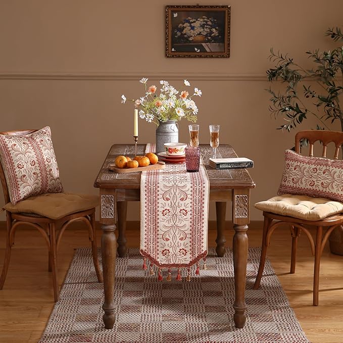 ISAENNE Designer Vintage Linen Table Runner 87 Inches Long,Red Floral Pattern Modern Decor Table Runners for Dining Tables,Thanksgiving,Kitchen Tables,Christmas,Banquet,12"*87"-Chamonix A