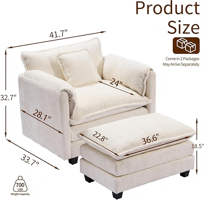 SweetGO corporation 42" Plush Single Sofa Accent Chair with Ottoman for Living Room/Bedroom, Modern Couch for Cozy Lounge Chair for Reading, Beige