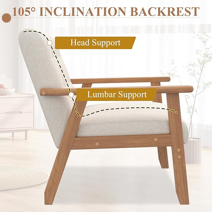 Westice Accent Chair Set of 2, Mid-Century Modern Living Room Chairs with Solid Wood Frame & Soft Thicken Cushion, Upholstered Arm Reading Chair for Bedroom, Balcony, Beige Linen Fabric & Natural Legs