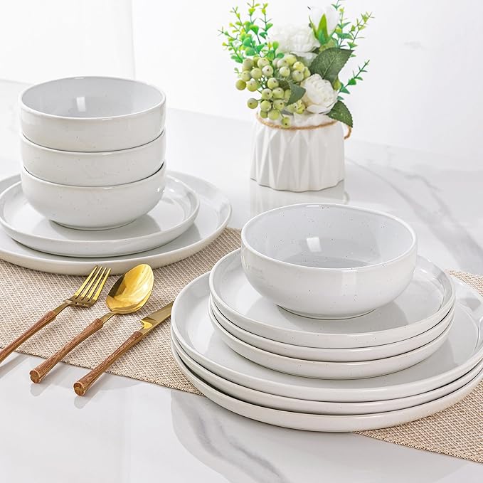 GBHOME Ceramic Dinnerware Set for 4, 12pcs Stoneware Plates and Bowls Sets, Handmade Chip and Scratch Resistant Dishes Set, Dishwasher & Microwave Safe