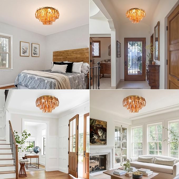 Amber Ceiling Light, 17" Modern Crystal Glass Chandelier for Bedroom, 3-Light Round Flush Mount Ceiling Ligh for Living Room, Bathroom, Hallway, Entryway – Elegant Warm Lighting Fixture