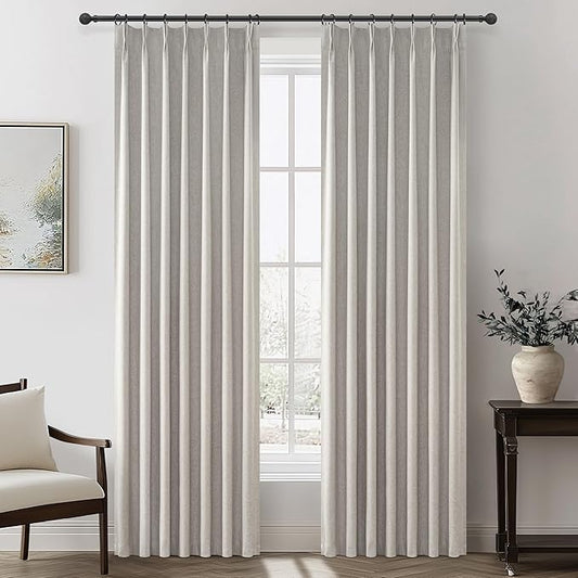 Grey Beige Viral Thick Linen Blackout Curtains 90 Inches Long for Bedroom/Dining Room 2 Panels Set, Neutral Pinch Pleated Melange Energy Efficient Sunblock Drapes with White Backing (40"Wx90"L)