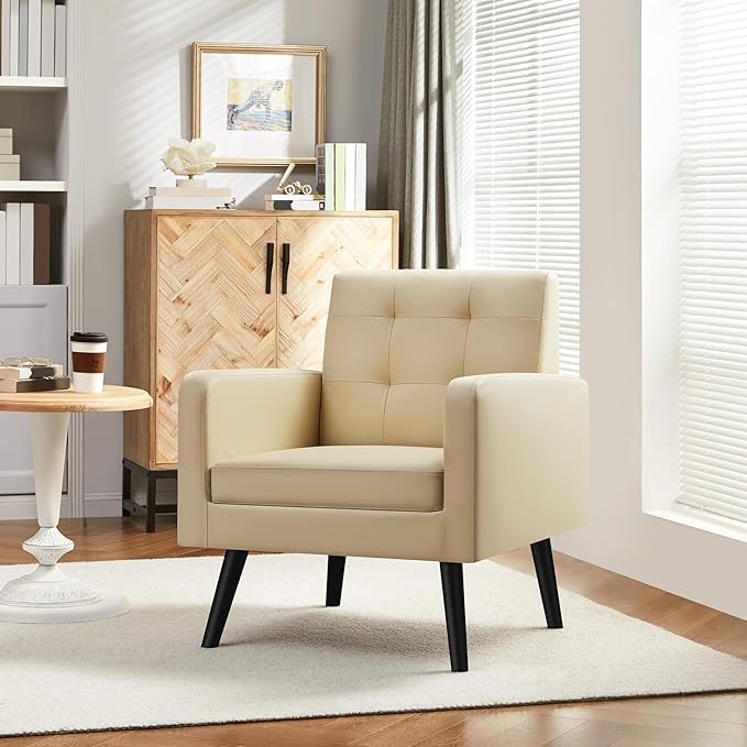 Yaheetech Mid-Century Accent Chairs, PU Leather Modern Upholstered Living Room Chair, Cozy Armchair Button Tufted Back and Wood Legs for Bedroom/Office/Cafe Beige