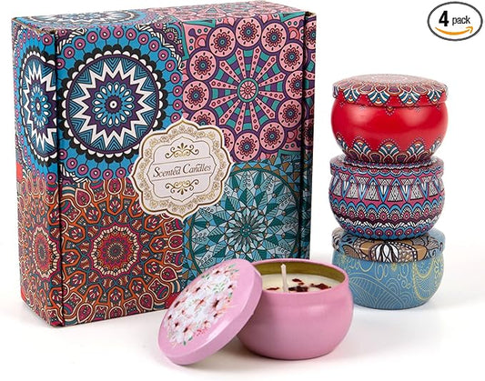 Aromatherapy Soy Candles Gift Set for Women – 4 Pack Scented Candle Set with Lavender, Rose, Jasmine & Freesia, Relaxing Stress Relief Gifts, Mother’s Day, Christmas,Small Candles for Gifts