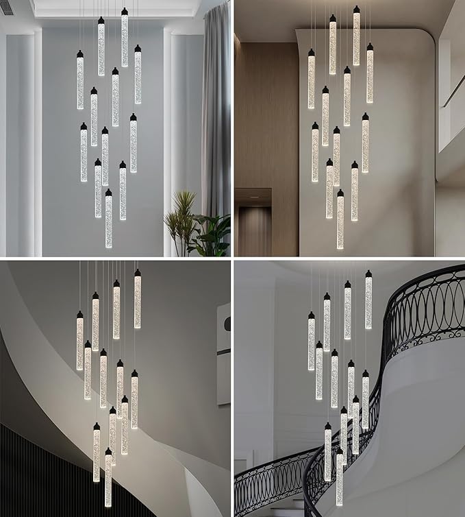 12-Lights High Ceiling Crystal Staircase Chandelier Black, Modern Spiral Raindrop Dimmable LED Bubble Cluster Ceiling Hanging Lighting Fixture for Foyer Living Room Entrance Remote Control