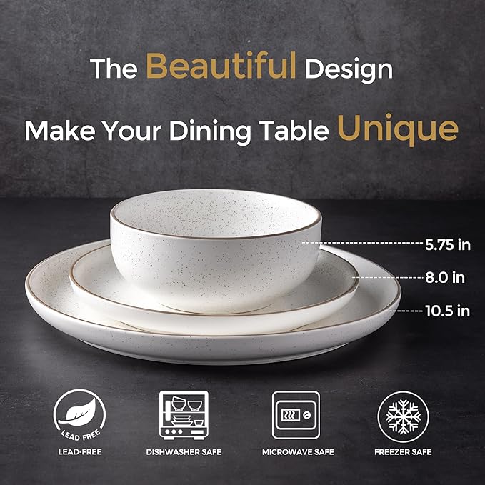 GBHOME Dinnerware Set for 4, GBHOME 12 Pieces Handmade Speckled Glaze Plates and Bowls Sets, Modern Style Scratch Resistant Stoneware Dishes Set, Dishwasher & Microwave Safe