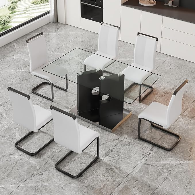 Glass Dining Table Set of 6, 63" Dinner Room Glass Table Set for 6, Modern Kitchen Dinner Table Set with 6 Upholstered Faux Leather Dining Chairs for Living Dining Office Room