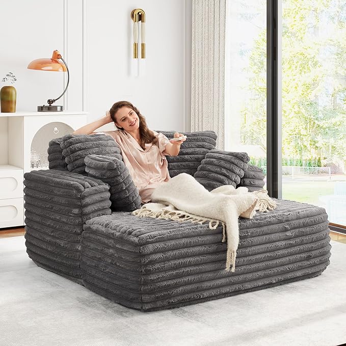 56"W Oversized Chaise Lounge Chair Indoor,Plush Faux Fur Sleeper Sofa Couch Bed with Pillows&Wide Armrest,Fluffy Comfy Cloud Sofa,Compression Foam Boneless Couch for Living Room,Bedroom(Grey)