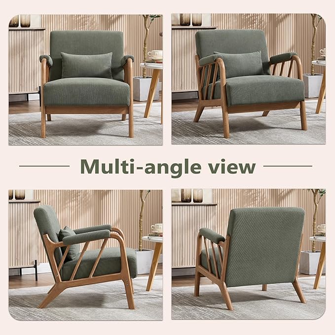 ANJ Mid Century Modern Accent Chair Set of 2，Living Room Chairs with Wood Frame &Lumbar Pillow, Upholstered Reading Armchair for Bedroom