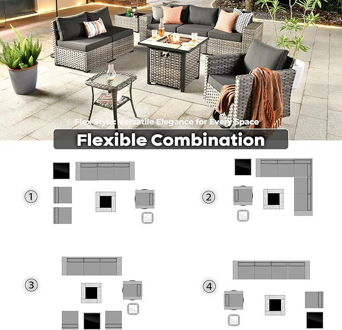 ovios 9 Pieces Patio Furniture Set, Outdoor Wicker Sectional Sofa with 30" Fire Pit Table Swivel Chair, Modern Modular Deep Seat Rattan Couch Conversation Sets, Black