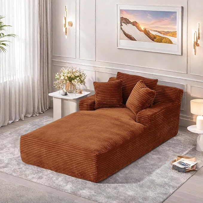78.7” Chaise Lounge Chair Indoor, Corduroy Upholstered Boneless Sofa Bed with Throw Pillows, Comfy Lounge Sleeper Sofa with Deap Seat for Living Room Bedroom, No Assembly Required, Orange