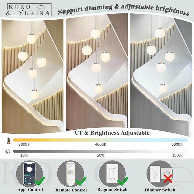 KoKo&Yukina 5-Light Globe Glass Pendant Light Adjustable Length Pendant Lights Fixtures Modern Nickel Chandelier with Milky White Glass Ceiling Lights for Foyer Hallway Bedroom (Bulb & Remote Incl.)
