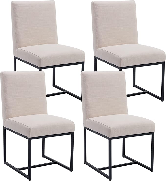 VESCASA Linen Upholstered Dining Chairs Set of 4, Mid Century Modern Padded Chair with Black Metal Frame for Restaurant, Dining Room, Kitchen, Cream