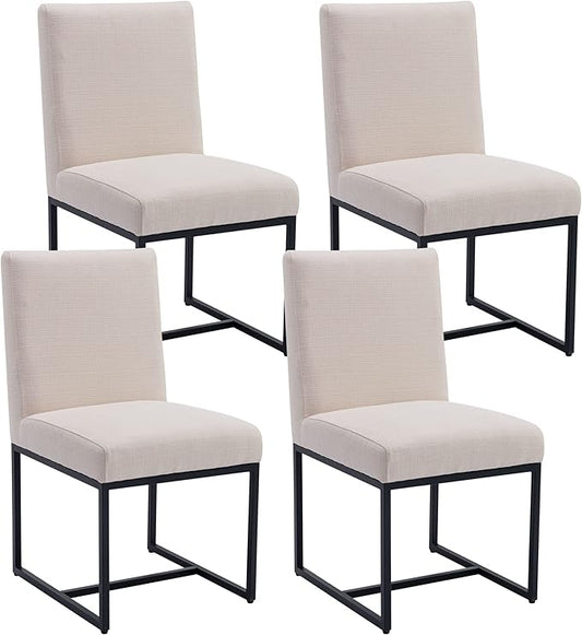 VESCASA Linen Upholstered Dining Chairs Set of 4, Mid Century Modern Padded Chair with Black Metal Frame for Restaurant, Dining Room, Kitchen, Cream