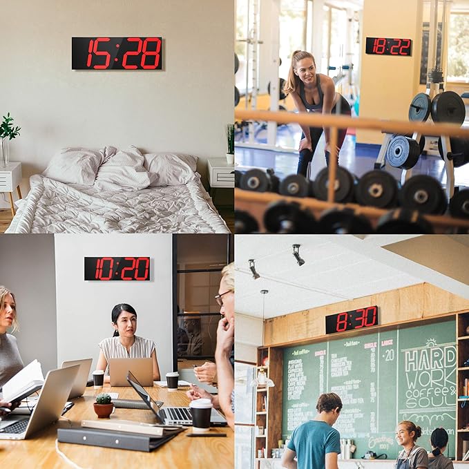 LED Large Digital Wall Clock, Oversize Wall Clock with 6” Numbers, Remote Control Count up/Countdown Timer Clock, Auto Dimmer, Big Calendar and Thermometer(Red)