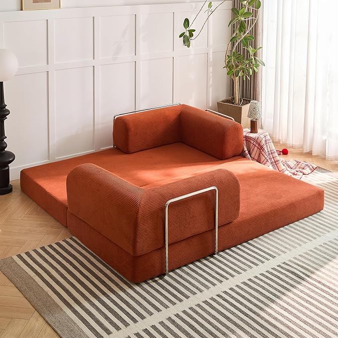 Modern Convertible Lounge Chair, Corduroy Fabric, Square Platform Design with Metal Frame, Floor Sofa Bed with Fixed-Shape Frame,Living Room Seating with Armrest (Orange, 2-Seater Sofa)