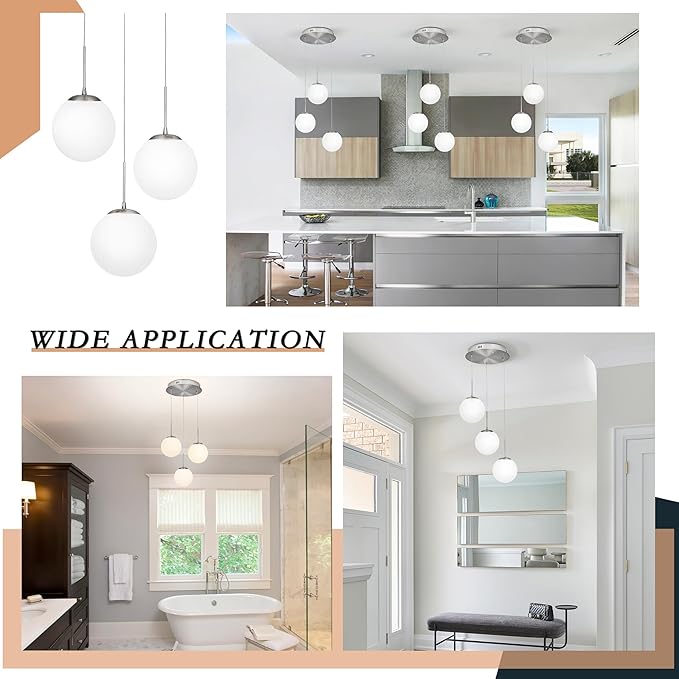 KoKo&Yukina 3-Light Globe Glass Pendant Light Modern Nickel Glass Chandelier Adjustable Length Pendant Lights Fixtures with Milky White Globe Ceiling Light for Kitchen Island (Bulb & Remote Incl.)