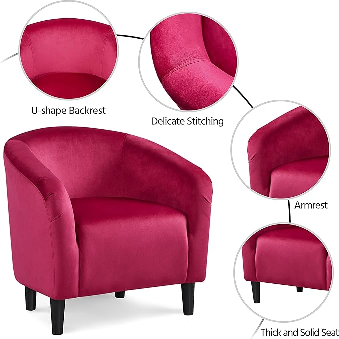 Yaheetech Accent Chairs, Velvet Barrel Chair Cozy Club Chairs with Sturdy Legs and Soft Padded Seat for Bedroom/Living Room/Reading Room, Rose Red, Set of 2
