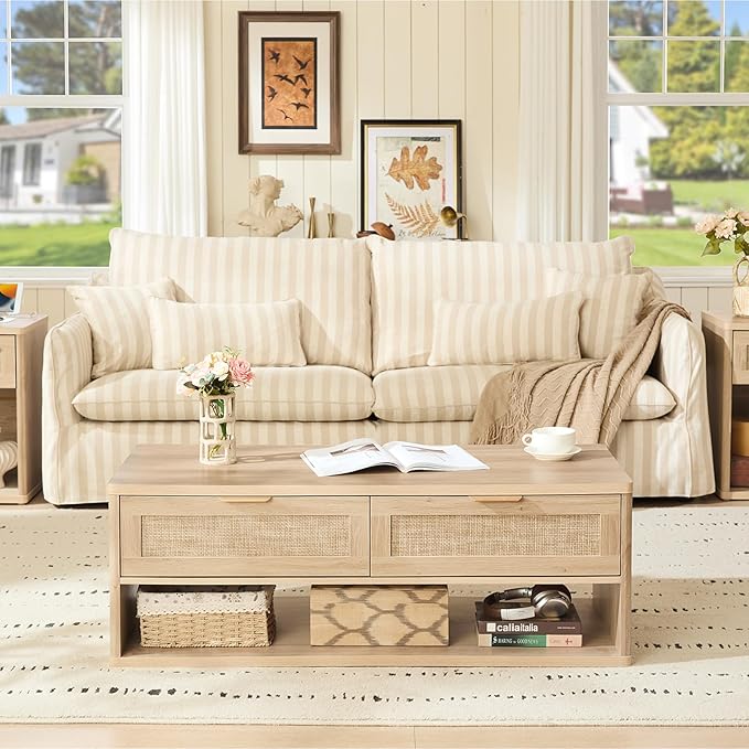 LEYAOYAO 48" Farmhouse Boho Rattan Coffee Table with 2 Woven Drawers,Rectangular Coffee Tables with Hidden Storage Compartment,Curved Profile Design,Wooden Center Table for Living Room,Natual Wood