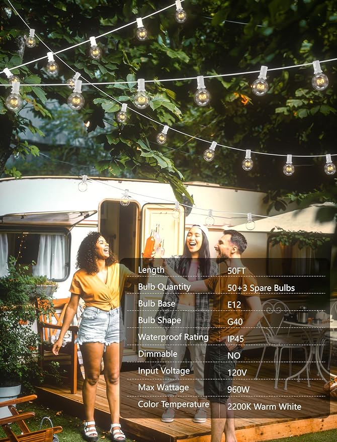 50Ft Outdoor Patio String Lights G40 Connectable Globe Lights with 53 Clear Globe Bulbs(3 Spare), UL Listed Garden Light for Indoor Outdoor Commercial Decor, 50 Hanging Sockets, 5W/E12 Base, White