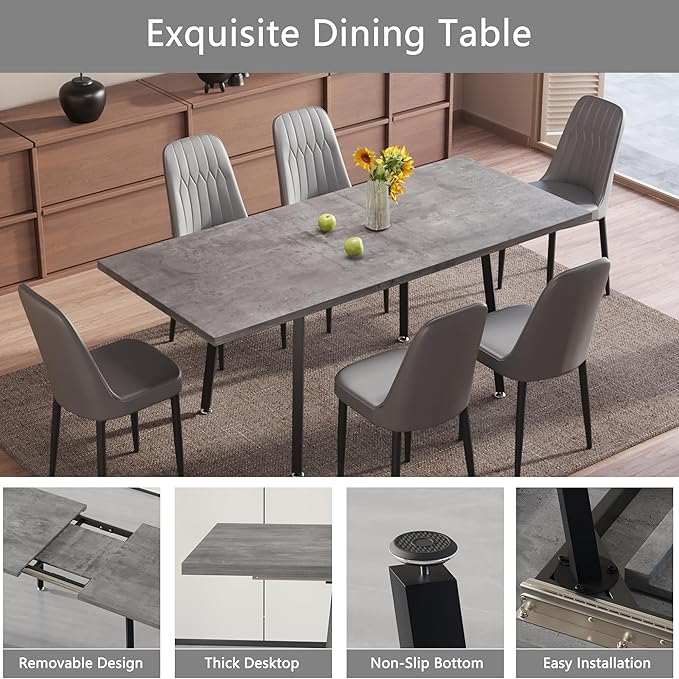 7 Piece Dining Table Set for 6-8,55-71" Extendable Dining Table Set with 6 Upholstered Chairs,Rectangle Kitchen Table Set for Small Space,Dining Room and Office,Grey