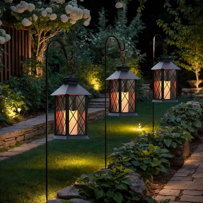 Lanterns Decorative Indoor, 14" Battery-Powered Waterproof Black LED Candle Lanterns with Timer for Patio & Outdoor, Vintage Hanging Lantern for Home & Wedding, Diamond