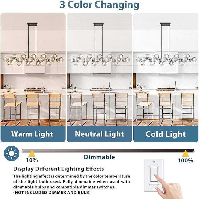 Linear Chandeliers for Dining Room, Glass Globe Sputnik Linear Chandelier Black with 22 Lights Smoky Gray Lampshade, Hanging Island Pendant Light for Kitchen, Oval Table, Farmhouse, Dia 70 Inch