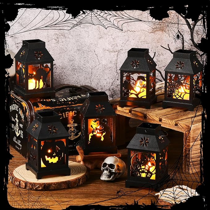 6 Pcs Halloween Mini Lantern with Flickering LED Candles 4.5 Inch Halloween Lantern Decoration Bulk Decorative Hanging Spooky Halloween Lanterns for Indoor Outdoor Party Halloween Decoration