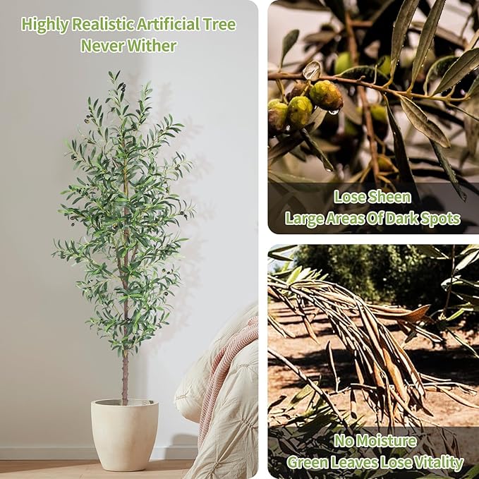 Artificial Olive Tree, 7FT Tall Faux Olive Trees 84in Outdoor Fake Potted Silk Plant with Trunk and Realistic 1048 Leaves and 40 Fruits for Modern Office Home Decor Indoor（1pack）
