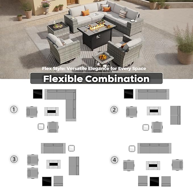 ovios 10 Pieces Patio Furniture Set, Outdoor Wicker Sectional Sofa with 42" Fire Pit Table Swivel Chairs, Modern Modular Deep Seat Rattan Couch Conversation Sets, Beige