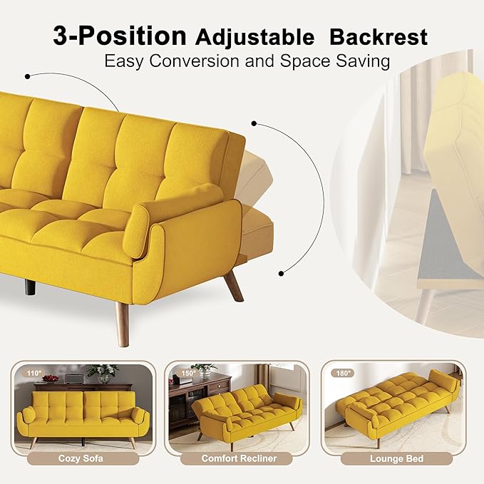 Futon Couch for Small Spaces & Apartment, 2-in-1Modern Comfy Loveseat Convertible Sofa Bed, 75.4-Inch Compact Design for Living Room, Dorms, and Studios-Yellow