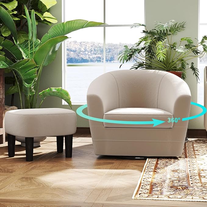 INZOY Swivel Accent Chair with Ottoman for Small Space, 360 Degree Club Chair with Ottoman Set, Comfy Fabric Barrel Reading Chairs for Living Room Bedroom, Beige