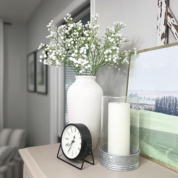Laurel&Vine 12" Tall White Ceramic Vase, Speckled Textured Minimalist, with 15 Stems of 22" Faux Artificial White Babys Breath, Farmhouse Console Centerpiece Decor, Real Touch Fake Flowers in Vase