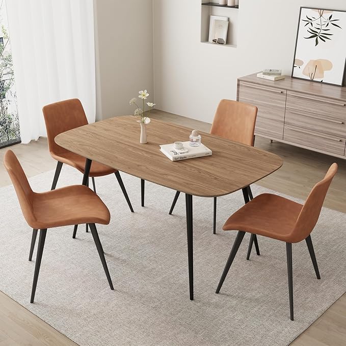 47.2'' Dining Table Set for 4,Modern Wood Dining Table,Leather Dining Chairs 4,Table and Chairs Set of 4,Ideal for Kitchen Dining Room (Walnut Color Table + 4 Brown Chairs, 47.2")