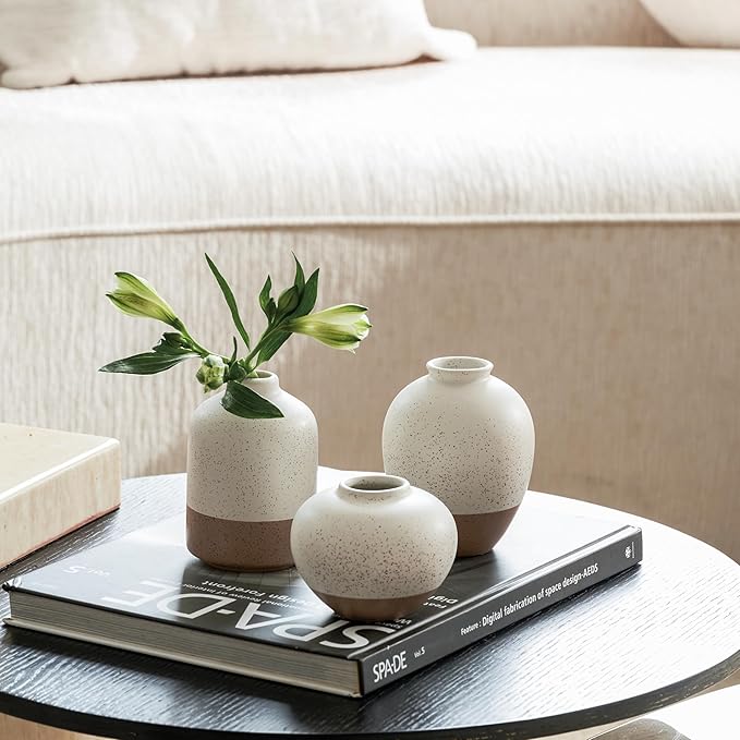 Ceramic Vase Set of 3, Vases Home Decor Rustic Farmhouse Decor, Small Pottery Vases for Bouquet Pampas Grass Dried Fresh Flowers, Living Room, Kitchen, Bedroom, Bathroom, Mantel Decor - Beige&Brown