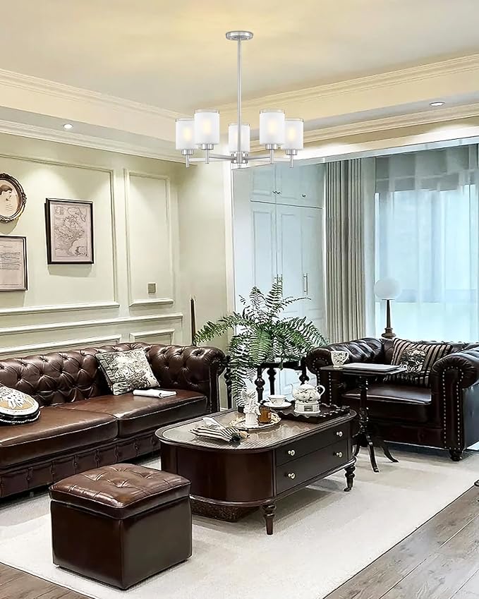 Doraimi Lighting 5 Light Chandelier Brushed Nickel Finish,Classic Style Ceiling Pendant Light Clear Frosted Glass Shade Fixture for Meeting Room Dining Room Over Table Living Room