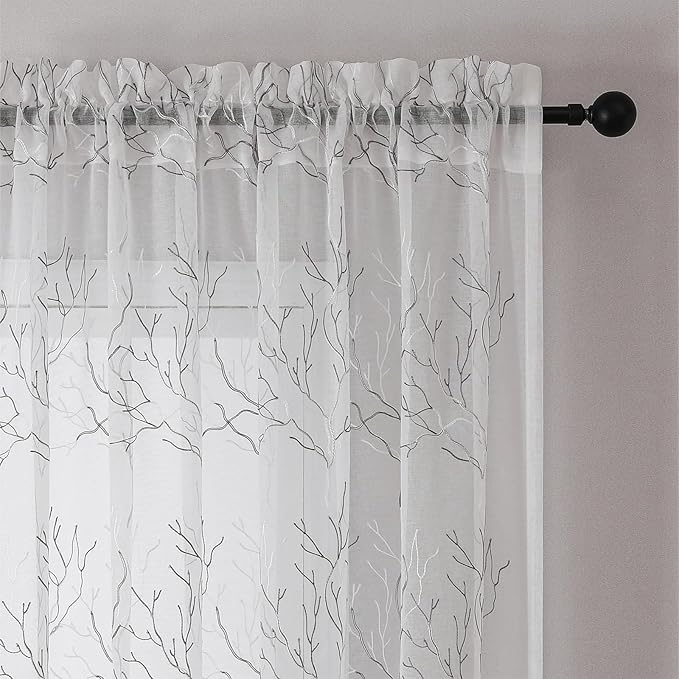 VISIONTEX Sheer Curtains 72 inch Length 2 Panels Set, Decorative Grey Coral Embroidery, Rod Pocket Embroidered Window Drapes for Living Room and Bedroom, 54" x 72"
