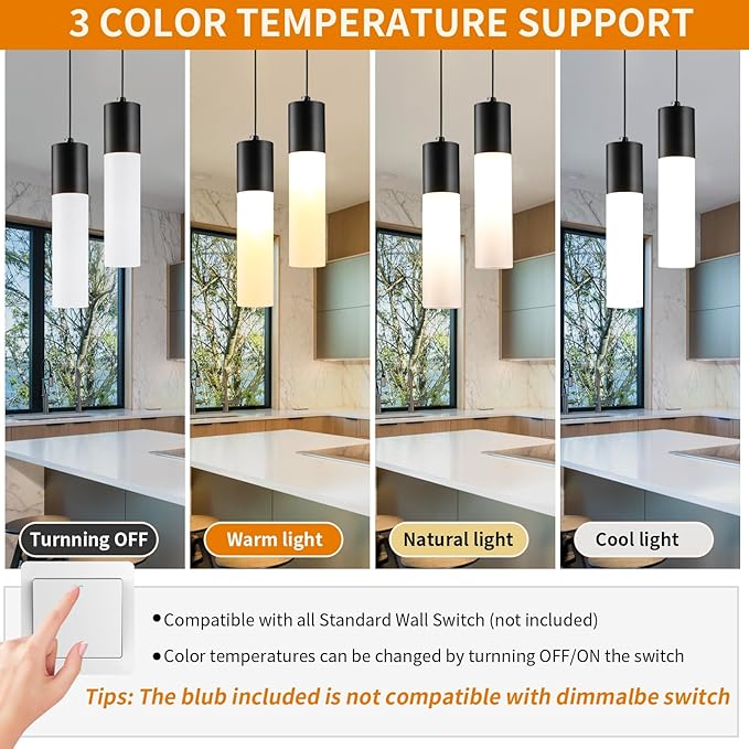 Pendant Lights Kitchen Island 3 Pack 12W Led Pendant Light with Milky White Lampshade, 1-Light Dining Light Fixture Ceiling Light Hanging in Black Finish, E12 LED Bulbs Included, 3000K-6000K