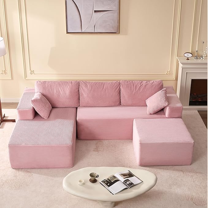 107" Boneless Couch with Deep Seat, Modular Sectional Sofa, Cloud Sectional Couch for Living Room, No Assembly Required, Corduroy, U-Shape 3 Seater Left, Pink